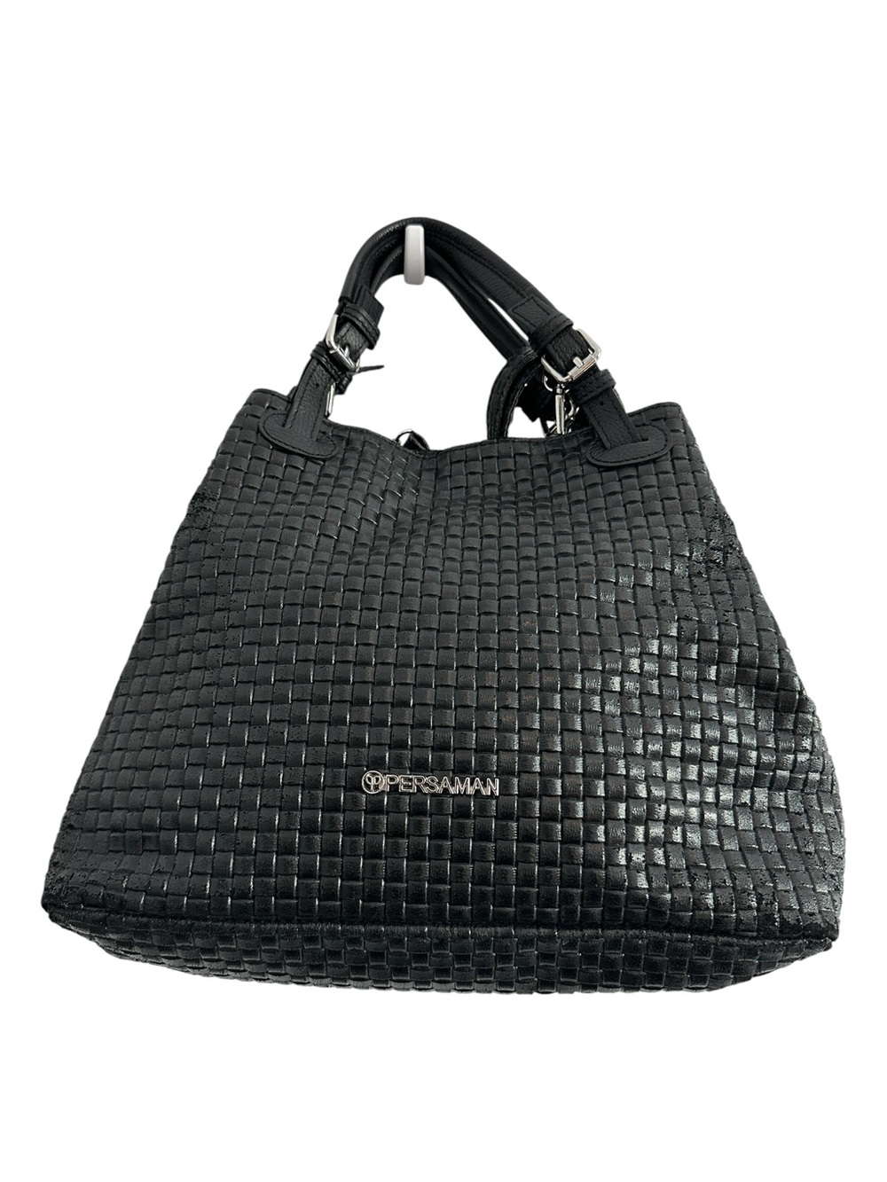 Persaman New York Black Woven Leather Bag Large Travel Work Made in Italy